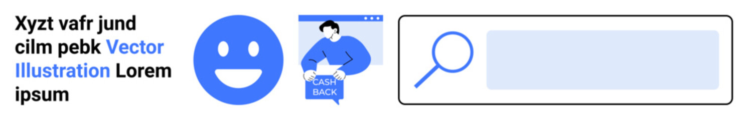Fototapeta premium happy face in blue, person with a laptop and login back text, magnifying glass on a search bar. Ideal for web design, digital marketing, e-commerce, product landing, user interface, user experience