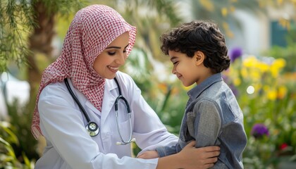 Female doctor examining a young boy outdoors