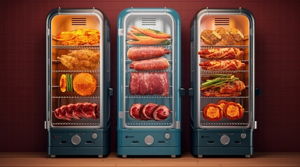 Amazing Professional kitchen appliance. Poultry, beef and pork meat, ribs cooked in BBQ smoker