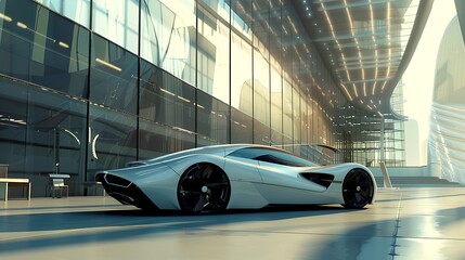 A futuristic car with aerodynamic design parked under a sleek, modern building with reflective...