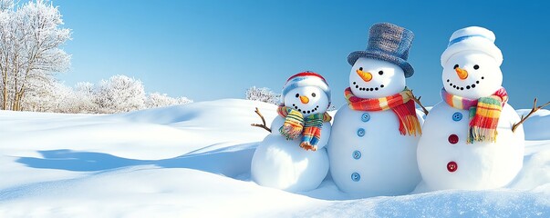 Happy snowmen in a winter wonderland scene.
