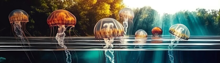 Colorful jellyfish swimming in serene water.