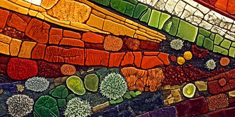 Colorful microscopic life forms and structures.