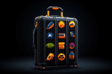 Naklejka premium Pixel art of a suitcase with colorful travel stickers, in retro 8-bit style, representing travel essentials