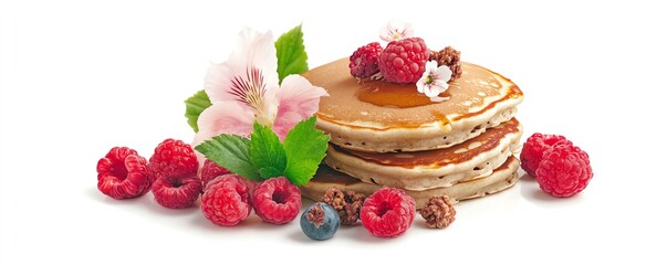 Delicious pancakes with fresh berries and flowers