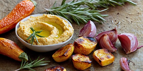 Delicious hummus with roasted vegetables spread.