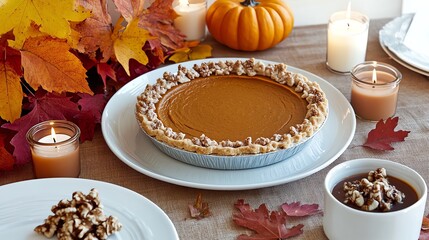 Delicious pumpkin pie ready for autumn celebration.
