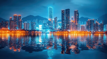 Fototapeta premium Stunning Night View of a Vibrant Urban Skyline Reflected in Water with Brilliant Lights Illuminating Tall Buildings and Mountains in the Background