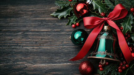 Festive bell with red and green ribbons surrounded by holly leaves, ornaments, and berries creates joyful holiday atmosphere