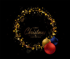 Merry Christmas 2025. Isolated round golden wreath with New Year toys.