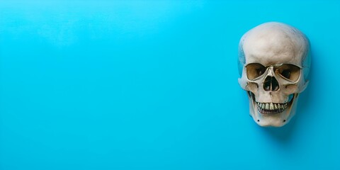 Fototapeta premium A solitary skull icon placed on the right side, standing out against a serene panoramic blue backdrop with room for text --ar 2:1 --s 50