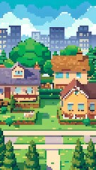 1950s suburban neighborhood during daytime pixel art background. 8-bit game assets