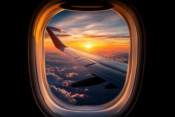 Fototapeta premium Sunset view from an airplane window, showing the wing silhouetted against orange and pink clouds