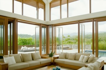 Fototapeta premium 開放的な窓が魅力のリビングとプール付きのラグジュアリーホーム | Spacious Living Room with Large Windows and Pool in a Luxury Home