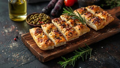 A close-up view of a rustic wooden cutting board topped with freshly baked flatbread topped with sesame seeds and rosemary.
