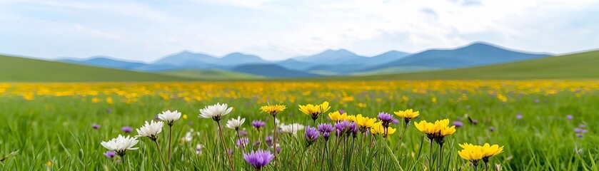 Obraz premium Field of mixed wildflowers in shades of yellow, purple, and white, spread out against a backdrop of distant mountains, creating a colorful, springtime landscape
