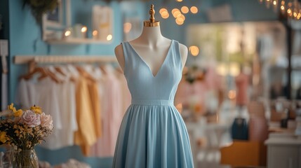 Light blue dress on a mannequin in a boutique.