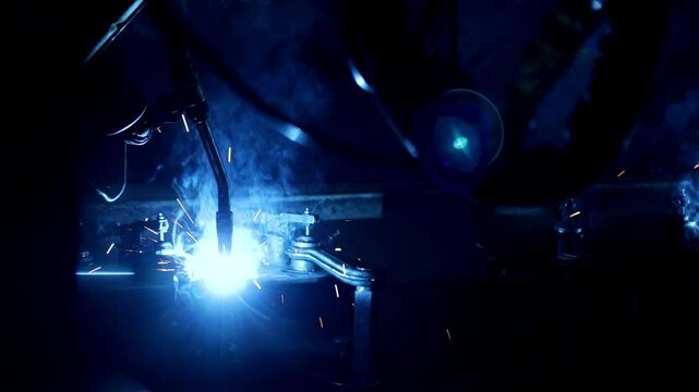 Welding robots in a factory