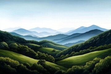 Obraz premium Watercolor of rolling hills with soft green and blue tones, calm and scenic landscape