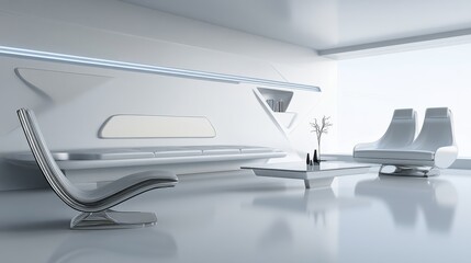A futuristic and minimalist lounge design featuring a white canvas backdrop, Sleek and innovative minimalist furnishings, Sci-fi minimalism style