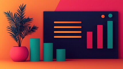 SEO Search and conversion concept. A vibrant, modern graphic featuring bar graphs, a chart, and decorative plants against an orange and pink backdrop.