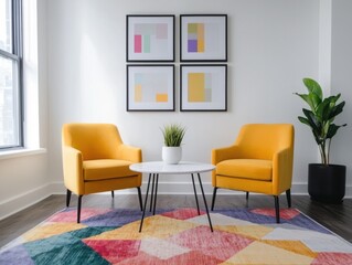Fototapeta premium Modern living room setup urban apartment interior design cozy atmosphere wide angle minimalist aesthetic