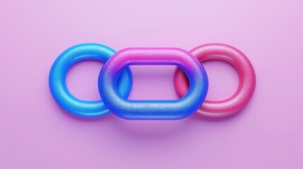 SEO Search and conversion concept. A colorful arrangement of glossy, sparkly rings in blue, pink, and purple, set against a soft pink background.