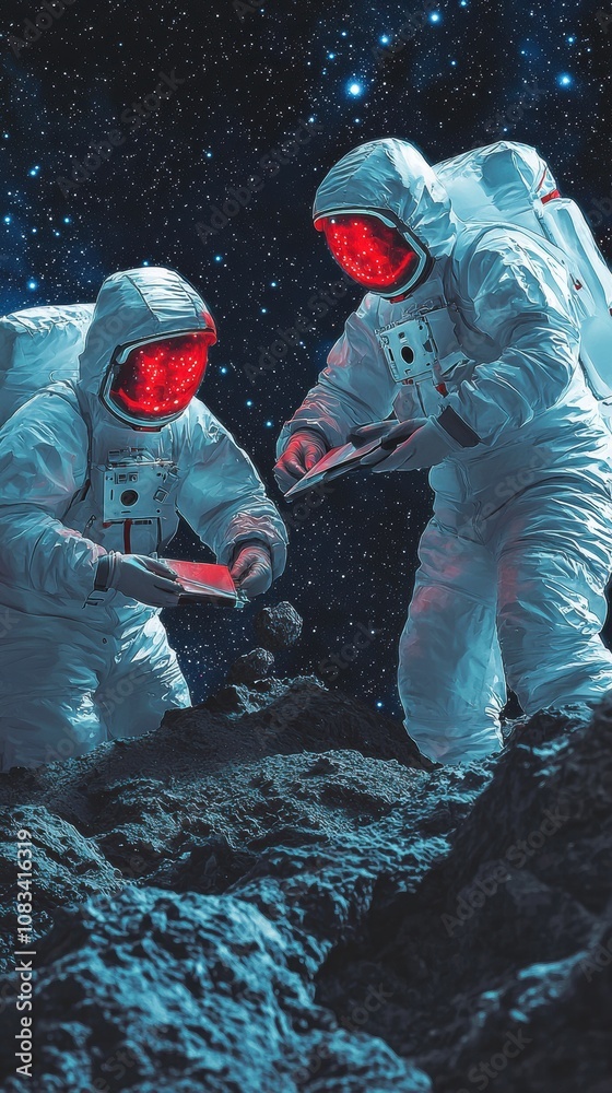Wall mural exploratory space mission moon surface sci-fi image cosmic environment close-up view astronauts disc