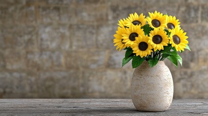 Fototapeta premium Bright and Cheerful Sunflower Bouquet in Earthy Vase with Rustic Background Perfect for Home Decor and Natural-Themed Designs