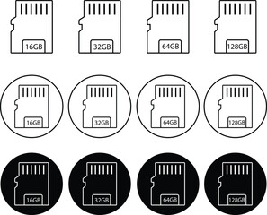 Memory card icons set in trendy black line styles. Design can use for web and mobile app. Data storage vectors. Micro SD memory storage multimedia card and adapter isolated on transparent background.