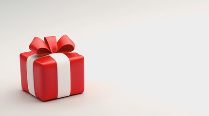 Obraz premium Bright Red Gift Box with White Ribbon and Bow on a Neutral Background for Holiday Celebrations, Birthdays and Special Occasions with Copy Space for Text and Design