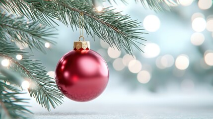 Fototapeta premium Beautiful Close-Up of a Bright Red Christmas Ornament Hanging from a Pine Tree Branch with Soft Blurry Background Bokeh Lights for Holiday Celebrations and Festive Decorations