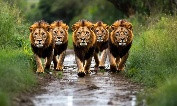 A pride of lions walking confidently down a wet path.