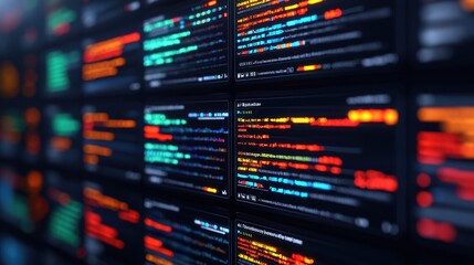 Naklejka premium Abstract Digital Screen with Colorful Code Lines, Representing Technology, Programming, and Modern Software Development in a Futuristic Environment