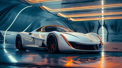 Fototapeta premium A futuristic electric sports car parked in a minimalist, clean environment with soft lighting.