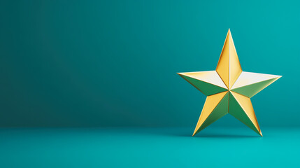 Fototapeta premium Golden Star on a Turquoise Background with Dimensional Geometry Representing Achievement and Success in Design or Creative Industry for Stock Photo Use