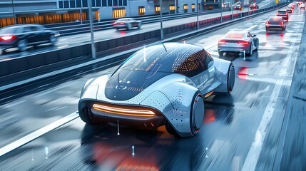 Obraz premium A futuristic self-driving car cruising along a highway, surrounded by other vehicles in motion.