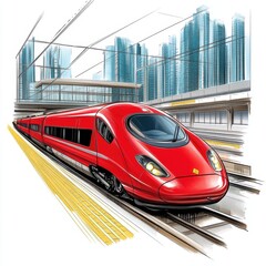 Fototapeta premium High Speed Red Train Illustration Modern Cityscape Background