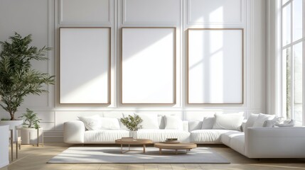 Modern Living Room with White Sofa and Large Frames