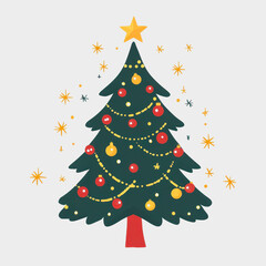 Fototapeta premium Festive Christmas Tree Illustration with Colorful Ornaments and Star, Perfect for Holiday Season Decorations and Seasonal Celebrations