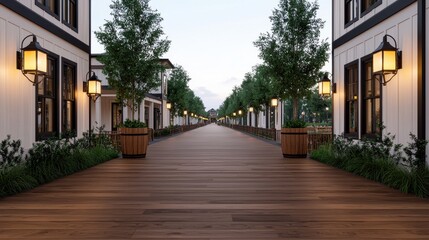 Fototapeta premium Serene Walkway between Modern Buildings with Lush Greenery and Elegant Street Lamps in a Tranquil Outdoor Environment at Dusk