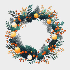 Naklejka premium Elegant and Festive Holiday Wreath with Oranges, Berries, and Evergreen Foliage for a Vibrant Seasonal Decor Display in a Minimalistic Style