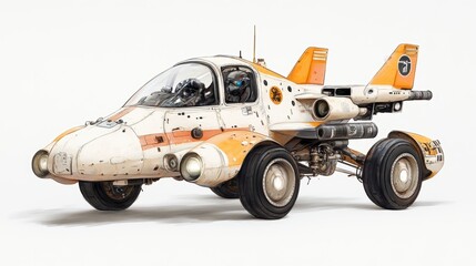 Futuristic Retro Sci Fi Vehicle Orange White Spaceship Car Pilot Illustration
