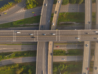 Top up aerial drone view of elevated road and traffic junctions metropolis Bangkok city.