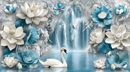 Papier peint photo  A serene scene featuring a swan amidst blue and white flowers and cascading waterfalls.  © JSR Art Studio