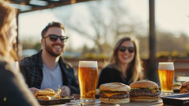 Social gathering with friends outdoor brewery food photography vibrant atmosphere candid moments