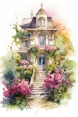 Fototapeta premium Vintage watercolor illustration of a beautiful garden with vibrant flowers and greenery, isolated on a white background.