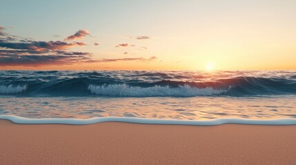 Obraz premium Breathtaking Sunset Over Calm Ocean Waves with Glowing Sky Reflections and Gentle Shoreline at Twilight in a Peaceful Seascape Environment