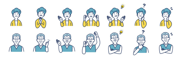 シニア男女の様々な表情とポーズのイラストセット