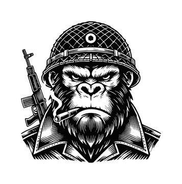recommend clip art: gorilla army cigar engraving black and white outline